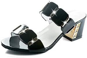 BRAND NEW ~ Women's Black & Gold Chunky Heel Slides Dressy Shoes ~ Size 5 (35)